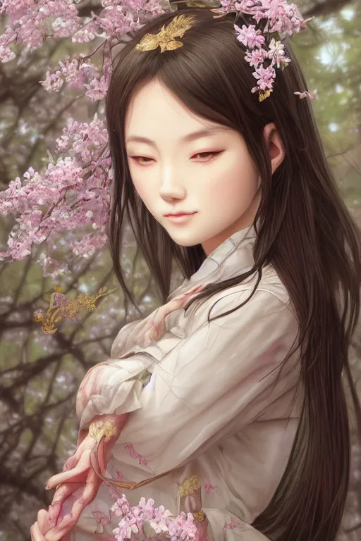 Prompt: Anthro Portrait of japanese white tailed deer girl, D&D, dark fantasy, anthro portrait, sakura blooming on background, intricate, elegant, deer portrait, highly detailed, digital painting, artstation, concept art, smooth, sharp focus, maybe some llama, illustration, art by artgerm and greg rutkowski and alphonse mucha, daily deviation, masterpiece