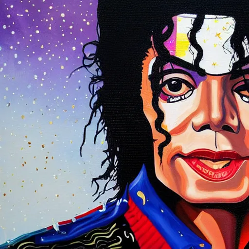 Prompt: painting of Michael Jackson by Sandra Chevrier, trending on Artstation, sharp focus illustration, cosmic background, intricate, hyperdetailed