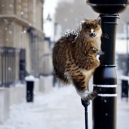 Image similar to an animal with its tongue stuck to a lamp post, snowy london street scene