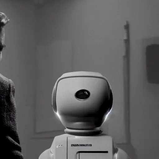 Prompt: movie scene of a man with a small robot head, movie still, acting, cinematic composition, cinematic lighting, Movie by David Lynch and Andrzej Żuławski