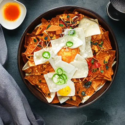 Prompt: Korean chilaquiles, food photography