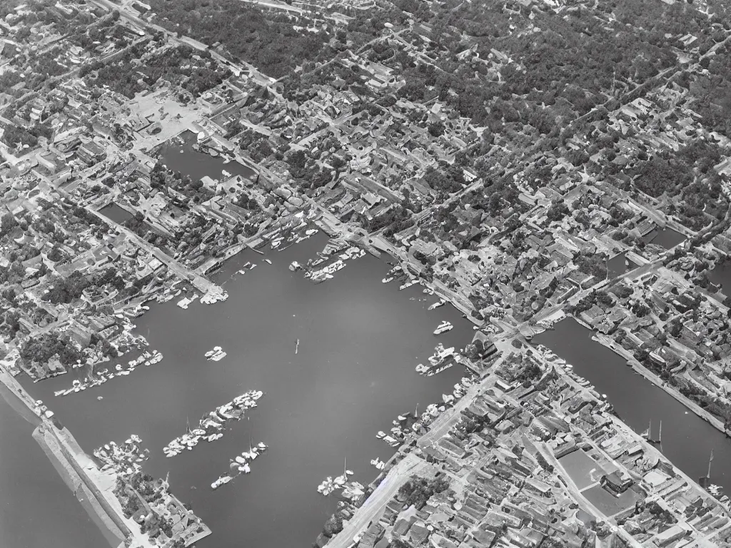 Prompt: bird's eye view photo of a small city with shops, shipping dock harbor, and beach to the south. a bridge crosses a big lake, with a town hall, marketplace, and towers to the north. there is a field in the middle of the city. small hills and woods north of the city