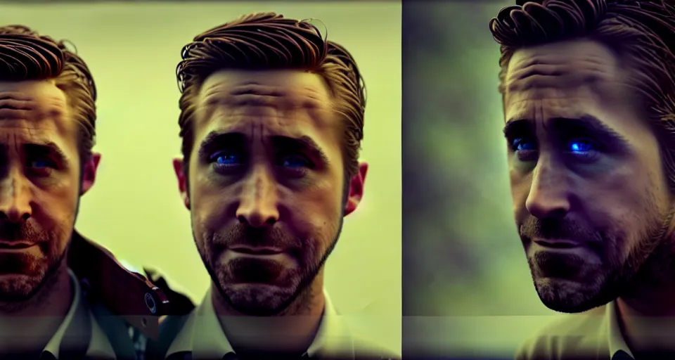 Image similar to ryan gosling and jake gyllenhaal posing dramatically together rendered in unreal engine 5, by wlop, greg rutkowski, and peter mohrbacher, octane render, ultra high detail, ultra realistic 3 d, extremely detailed shading, ray tracing, concept art, character design, trending on artstation, unreal engine 5, gritty atmosphere, glow, cinematic lighting, full of color