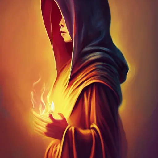 Image similar to ( a priestess with a hood that covers half her face carries an incense burner that emits a pleasantly colored flame. ) by anato finnstark, photorealistic, full body portrait, dynamic lighting, beautiful, trending on artstation, wallpaper, 4 k, award winning, digital art, golden hues, dream background