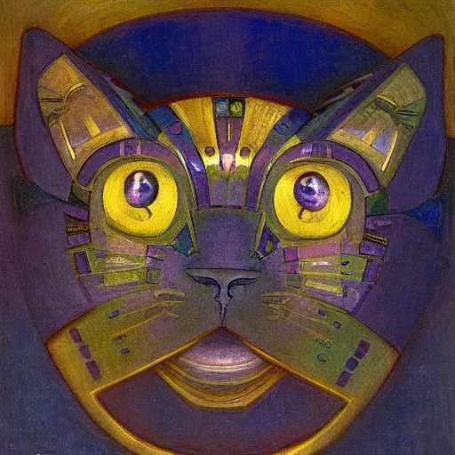 Image similar to painting of a bejeweled robot cat head, by annie swynnerton and diego rivera and nicholas roerich and jean delville, symbolist, dramatic lighting, god rays, elaborate geometric ornament, art brut, rich colors, smooth, sharp focus, extremely detailed, adolf wolfli and ( donato giancola )