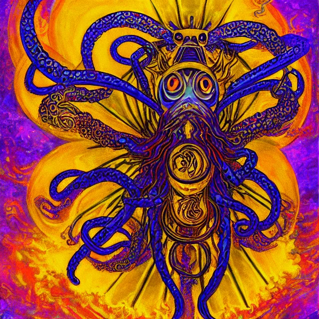 Prompt: angelic ophanim cthulhu mythos covered in eyes tentacles and golden light, oil painting award winning, chromatic aberration sharp colors