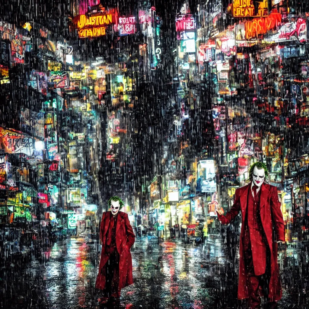 Image similar to night flash portrait photography of the joker on the lower east side by annie leibovitz, colorful!!, nighttime!, raining!