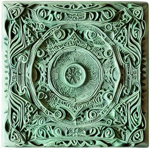 Image similar to thin lines, fractals, lichen macro, joe fenton, serpentine twisty maze, carved soapstone ceiling relief paneling white and pale green