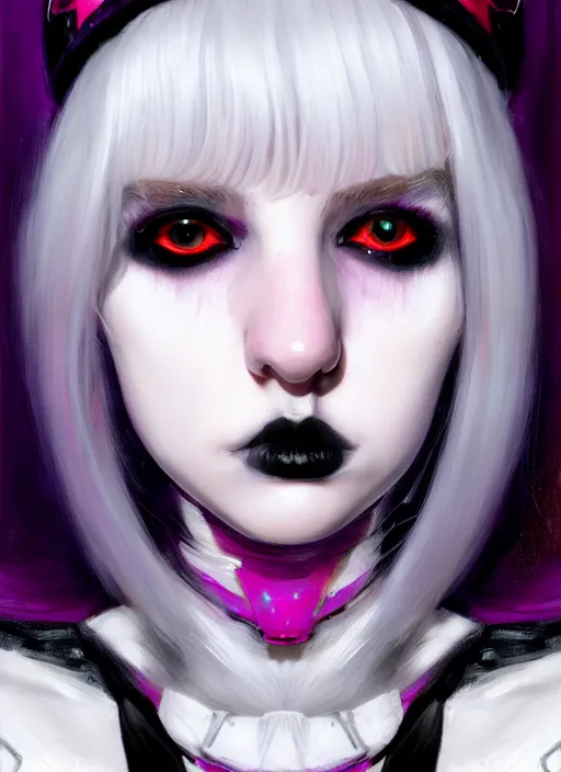 Image similar to portrait of white teenage girl, normal face, white bangs, mall goth, cyberlox, black and white hair, bangs, fluffy bangs, red contact lenses, purple lipstick, intricate, elegant, highly detailed, digital painting, artstation, concept art, sharp focus, smooth, illustration, art by wlop, mars ravelo and greg rutkowski