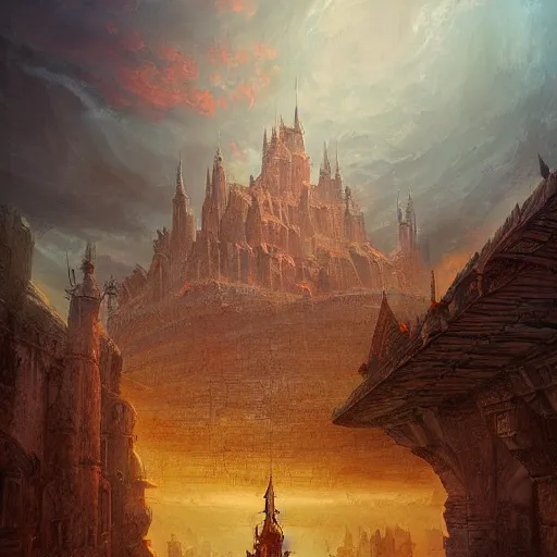 Prompt: a painting of a city castle floating in the air, flying island, levitating citadel, a matte painting by marc simonetti, deviantart, fantasy art, apocalypse landscape, matte painting, apocalypse art