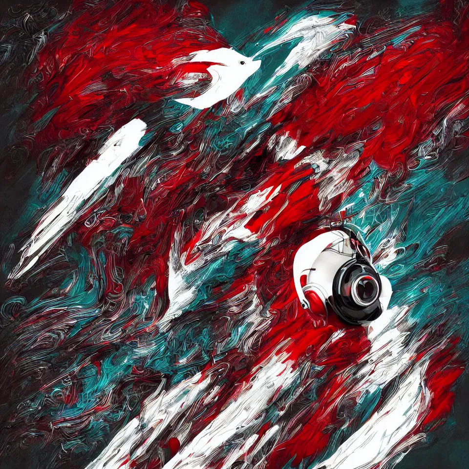 Prompt: beautiful artistic album cover highly detailed robotic bird, with head phones, digital painting, digital art, beautiful, cinematic, 4 k, ultra hd, art by frank miller, dynamic lighting, gradient dark red, cream and white color scheme, grunge aesthetic