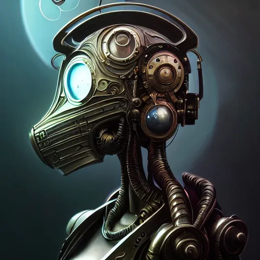 Image similar to front shot of a cyberpunk gazmask robot character, intricate, elegant, highly detailed, centered, digital painting, artstation, concept art, smooth, sharp focus, illustration, artgerm, Tomasz Alen Kopera, Peter Mohrbacher, donato giancola, Joseph Christian Leyendecker, WLOP, Boris Vallejo