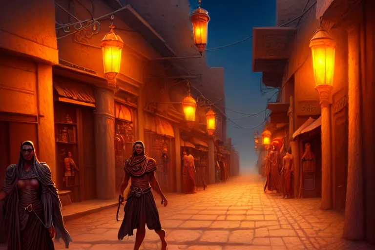 Image similar to a highly detailed bazaar street in the desert city of tyr from the land of athas, amazing dark sun digital painting, by gerald brom, brom digital art, concept art, intricate details, ultra realistic, beautiful art, volumetric lighting, dark sun - campaign setting, by brom, trending cgsociety, artstation, rim lighting, 8 k