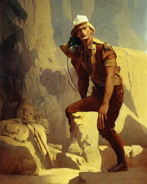 Prompt: doc savage in an egyptian tomb wearing jodhpers and knee high boots and no hat, fantasy character portrait, ultra realistic, concept art, intricate details, highly detailed by soft light, volumetric light, misty, william adolphe bouguereau, munch, maxfield parrish, james bama, and frank frazetta