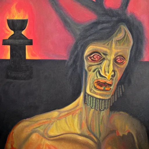 Image similar to portre of an autistic demon on acid, masonic and kabalistic symbols in background, oil painting