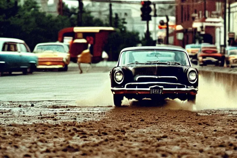 Prompt: street photography by fred herzog and william eggleston, award winning photo of an ultra detailed intricate dirty lincoln speeding very fast on mud, fast shutter speed, motion blur, tiny gaussian blur, highly detailed, highly intricate, depth of field, trending on top gear