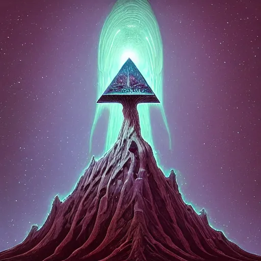 Prompt: glowing demonic galactic Antarctica pyramid heron balustrade mushroom tree , by Lawren Harris and H. P. Lovecraft and Mœbius , Art on Instagram , black velvet painting , Zbrush Central