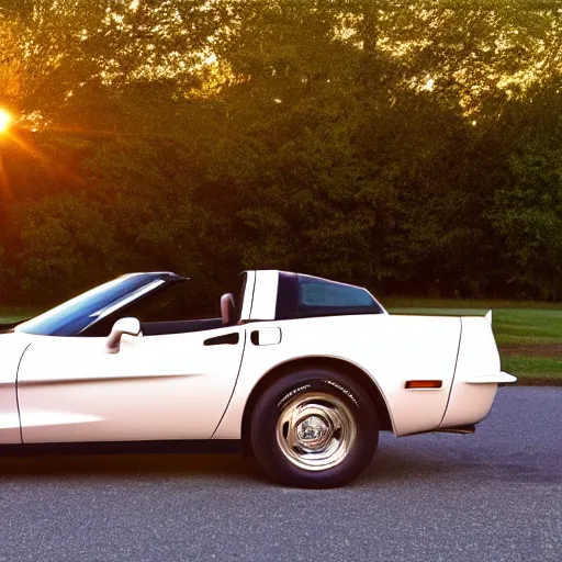 Prompt: corvette with cats sitting in and on the car, cinematic, golden hour, shadows, wide shot