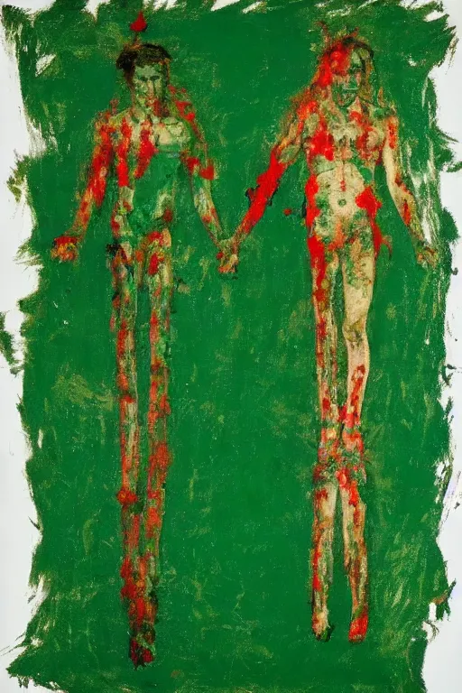 Image similar to green background with bloody christ crucified painted by cy twombly and andy warhol