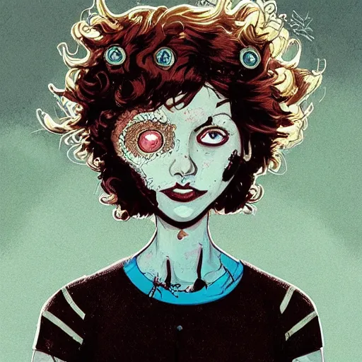 Prompt: Highly detailed portrait of a punk zombie young lady with freckles and brown curly hair hair by Atey Ghailan, by Loish, by Bryan Lee O'Malley, by Cliff Chiang, was inspired by image comics, inspired by scott pilgrim, inspired by graphic novel cover art !!!gold, silver, opal, brown, black, and white color scheme ((grafitti tag brick wall background))