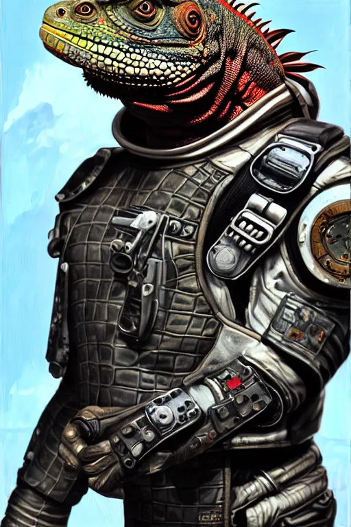 Image similar to a portrait of a muscular anthropomorphic cyberpunk iguana! in leather spacesuit armor with a large head by sandra chevrier, by jon foster, detailed render, pistol in holster, tape deck, epic composition, cybernetics, 4 k realistic, cryengine, realistic shaded lighting, sharp focus, masterpiece, by enki bilal