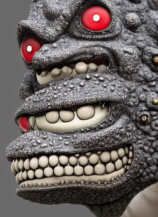 Image similar to closeup profile portrait of tin toy godzilla, depth of field, zeiss lens, detailed, symmetrical, centered, fashion photoshoot, by nicoletta ceccoli, mark ryden, lostfish, breathtaking, 8 k resolution, extremely detailed, beautiful, establishing shot, artistic, hyperrealistic, octane render