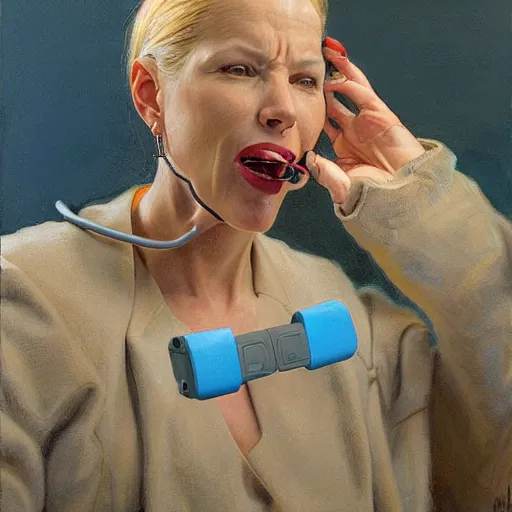 Image similar to woman with a power cord plugged into her mouth, by donato giancola.