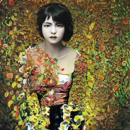 Prompt: hyperrealism, 2 0 y. o girl in in the style greg hildebrandt, by yoshitaka amano, style wrapped in flowers and wired in the style of yayoi kusama, by barry lyndon ultra detailed high resolution, 8 0 s sci - fi - h 7 6 8
