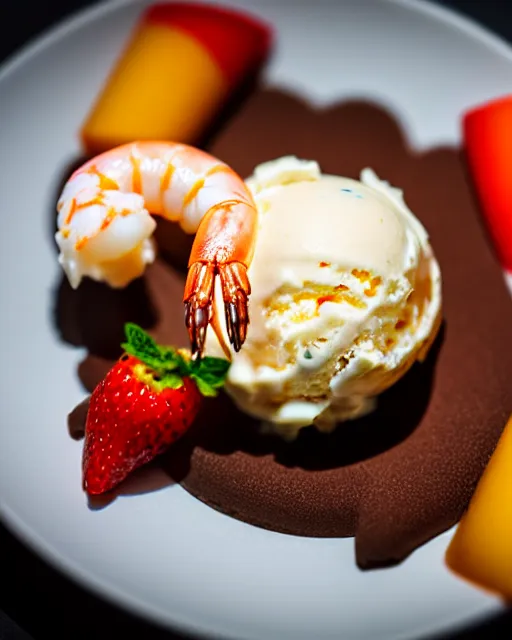 Prompt: dslr food photograph of an ice cream desert with a shrimp on. 8 5 mm f 1. 4