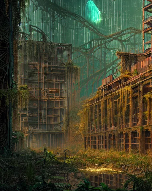 Image similar to a beautiful hyperdetailed rendering of nature abandoned swamp city unfinished building industrial architecture by louis sullivan, cosmic at dusk nightvision meadow dramatic lighting cyberpunk alien uv light flowers morning sun synthwave, archdaily, wallpaper, highly detailed, trending on artstation.