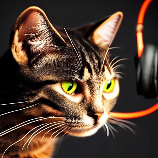 Prompt: a cat wearing headphones,studio photograph,professional photography,professional lighting,3 point lighting,detailed face,hyperdetailed,photorealistic,4k,neon lights