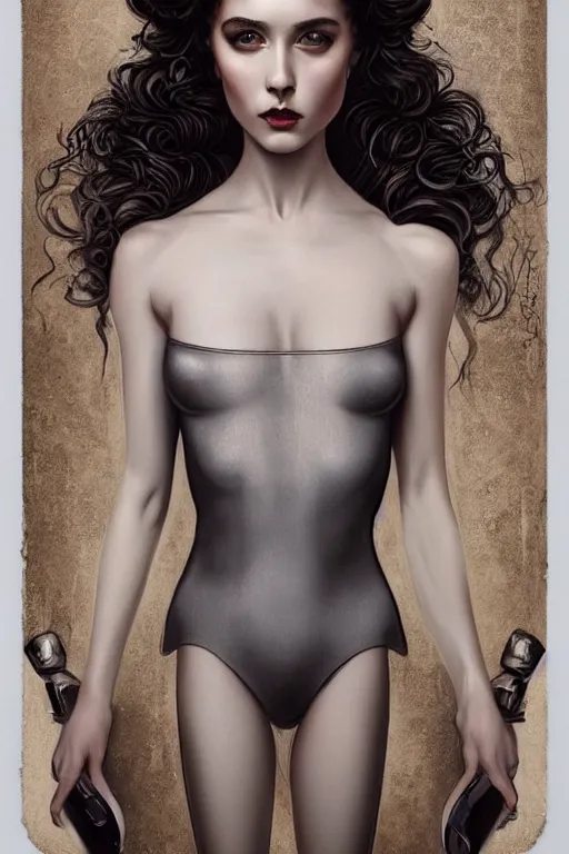 Prompt: Film noir portrait of a beautiful female dollpunk with thin lustrous hair wearing a bodysuit, focus, detailed, realistic eyes, symmetric body features proportions, intricate details, award winning, by Tom Bagshaw