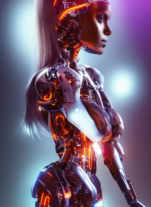 Image similar to photorealistic detailed full body picture of a female cyborg, pretty face with arms and legs, glamour pose, long hair, neon lights, humanoid, extreme, uhdr, book called the most influental cyborg in 2 0 5 0, fine details, highly detailed, intricate, smooth sharp focus, symmetrical features, environmental portrait