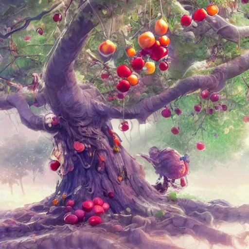 Image similar to tree made of fruits, by stanley artgerm lau, wlop, rossdraws, james jean, andrei riabovitchev, marc simonetti, yoshitaka amano, artstation, cgsociety