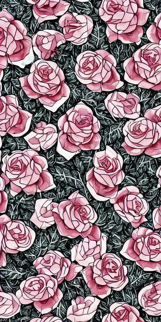 Image similar to seamless pattern of beautiful roses with leaves and throns, tattoo style, symmetrical, repeating 35mm photography