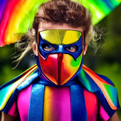 Image similar to a detailed portrait photo of a rainbow themed super hero, super hero costume, super hero mask, cinematic shot