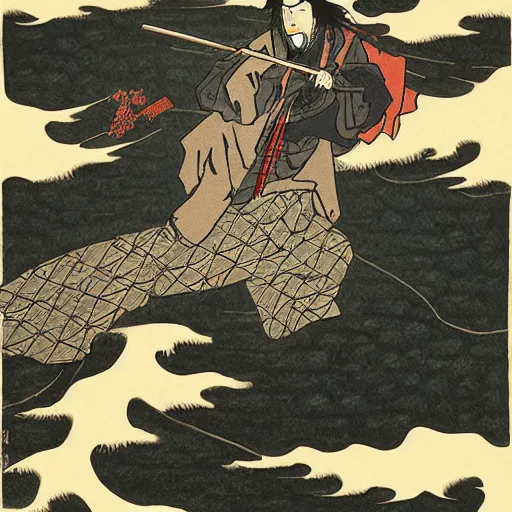 Prompt: by hokusai, samurai man vagabond, the samurai holds chains, detailed, editorial illustration, matte print, concept art, ink style, sketch, digital 2 d