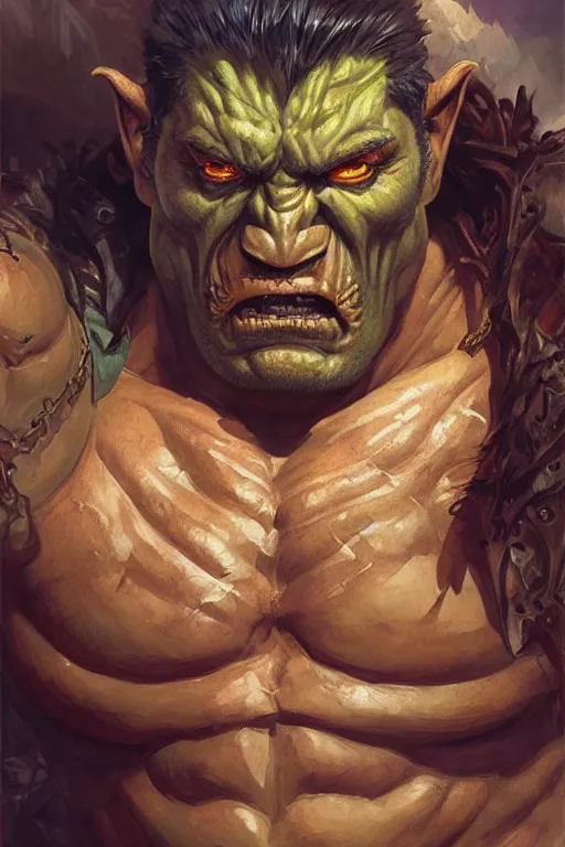 Image similar to portrait of a hulking herculean orc demon barbarian pirate, male, masculine, upper body, belt of skulls, fantasy, frown,, intricate, elegant, highly detailed, digital painting, artstation, concept art, sharp focus, illustration, art by artgerm and greg rutkowski and alphonse mucha