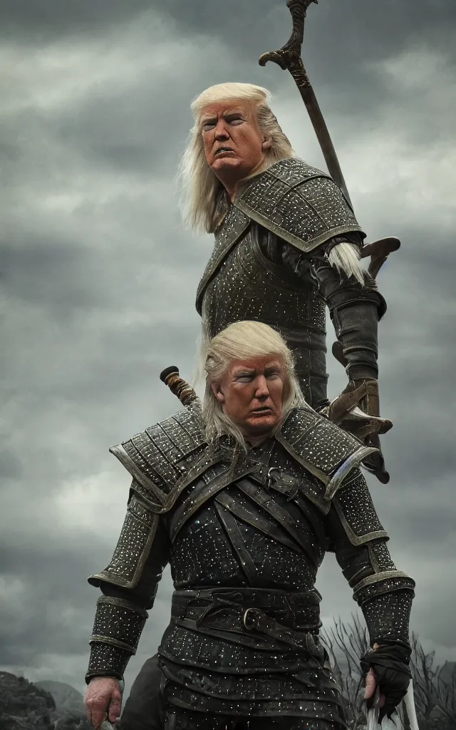 Prompt: donald trump as vesemir from the witcher, artstation, by camille corot, cinematic, dramatic, filmic, 8 k, moody lighting, cinematic lighting, insanely detailed and intricate, hypermaximalist, elegant, ornate, hyper realistic, super detailed