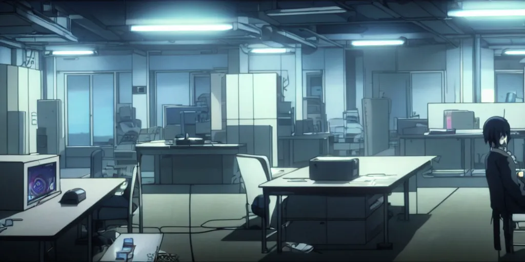 Prompt: an empty after hours cyberpunk police office office in the cyberpunk anime film, Shichiro Kobayashi, screenshot in the anime series ergo proxy ergo proxy ergo proxy and Detroit metal city, interior