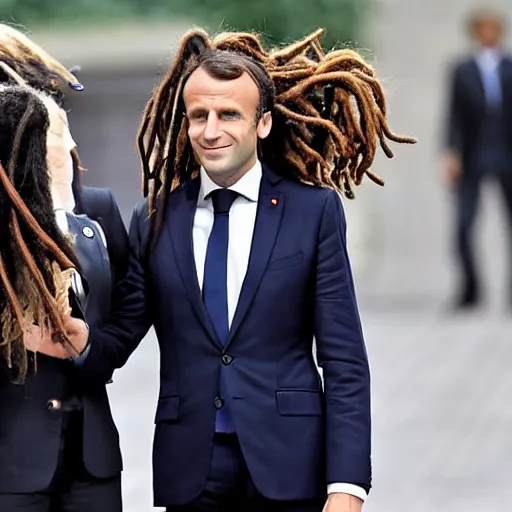 Image similar to Emmanuel Macron with dreadlocks wig at G20, long dreadlocks, lots of dreadlocks on the head, Rasta dreadlocks Macron