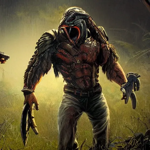 Image similar to the predator hunting a cowboy in the Louisiana bayou at night, video game concept art, highly detailed