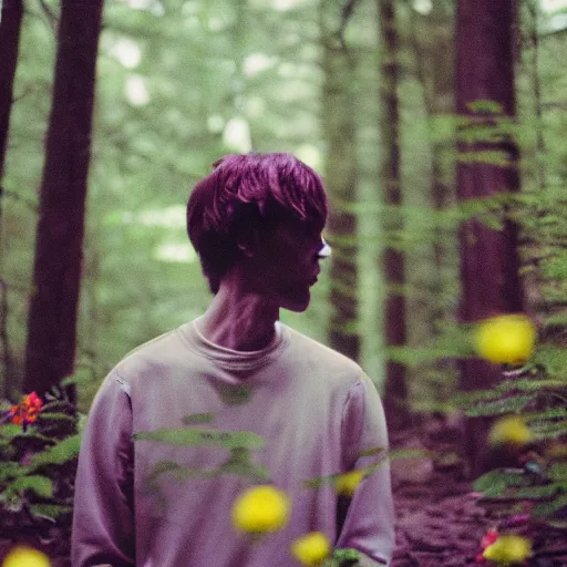 Image similar to close up kodak portra 4 0 0 photograph of a skinny guy standing in dark forest, face of flowers, moody lighting, telephoto, 9 0 s vibe, blurry background, vaporwave colors, faded!,