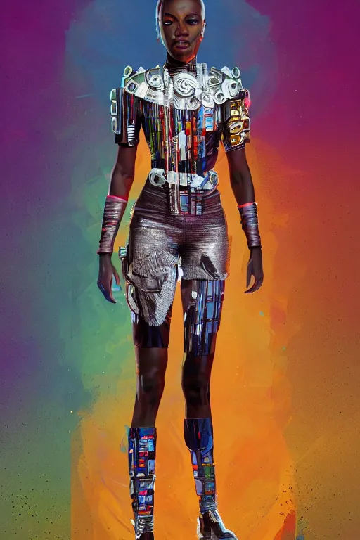 Image similar to full body portrait of the African Android Queen, by DC comics and Sandra Chevrier and beeple, artstation, volumetric lighting, hyperrealism, award winning costume design, fine textures, electric weave, 4k UHD, 50mm