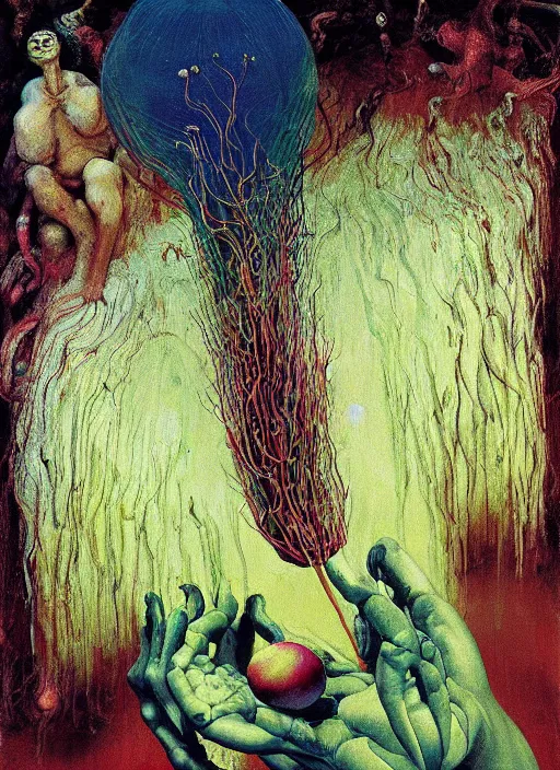 Prompt: Oil painting - his angelic mycelium thread wings sprout aerochrome fruits that drip and drown the kingdom animalia by Lucian Freud and Jenny Saville, Abstract brush strokes, Masterpiece, Edward Hopper and James Gilleard, Zdzislaw Beksinski, Mark Ryden, Wolfgang Lettl highly detailed, hints of Yayoi Kasuma