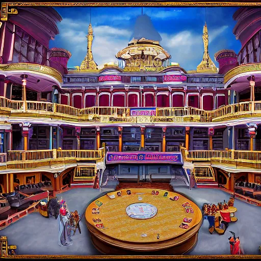 Prompt: a highly detailed painting of the patriarchal imperial casino academy, lecture halls and gambling dens, ultrawide lense, aerial photography, unreal engine, exquisite detail, 8 k, art by brandon sanderson and robert jordan