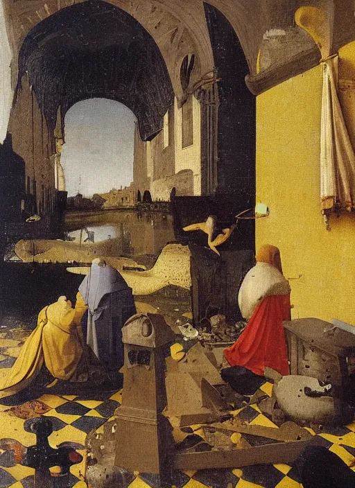 Prompt: into the river, the body seemed to dissolve in water. silver scales, splashed a pointed fin. The water broke ahead obeying the movement of a strong being. medieval painting by Jan van Eyck, Johannes Vermeer, Florence