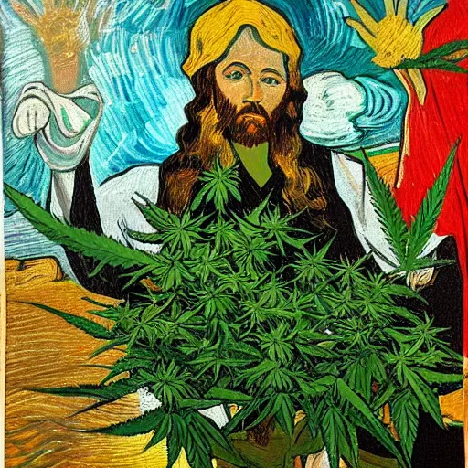 Image similar to jesus spreads his hands against the background of growing cannabis. an oil painting in the style of van gogh