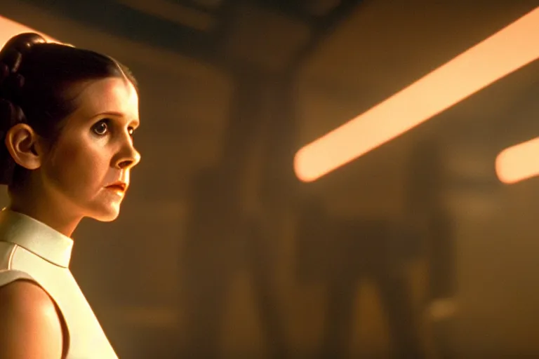 Image similar to princess leia from 1 9 8 3 in modern star wars movie, chase, action scene, photography by fred palacio medium full shot still from bladerunner 2 0 4 9, sci fi, bladerunner, canon eos r 3, f / 3, iso 2 0 0, 1 / 1 6 0 s, 8 k, raw, unedited