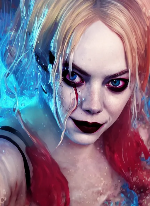 Prompt: underwater portrait of emma stone as harley quinn, hyper detailed, digital art, trending in artstation, cinematic lighting, studio quality, smooth render, unreal engine 5 rendered, octane rendered, art style by klimt and nixeu and ian sprigger and wlop and krenz cushart.